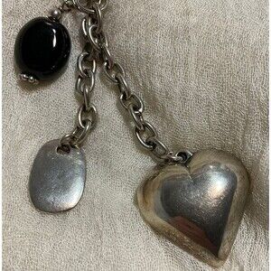 Vintage Silver Tone Puffy Heart Key Chain with Black Glass Charm